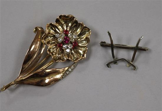 A yellow metal, diamond and gem set flower brooch, 65mm.